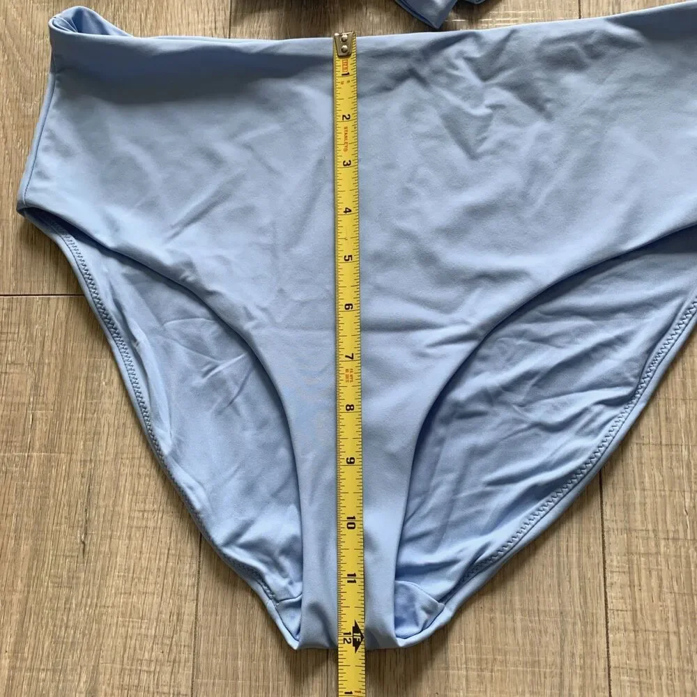Quince Italian Demi Bikini Top Underwire Back Tie High Rise Bottom Swim Blue L - Picture 6 of 6